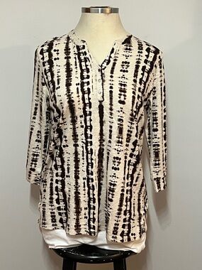 Denim&Co Brown & Cream Texture Knit 3/4 Sleeve Tie-Dye Henley Tunic